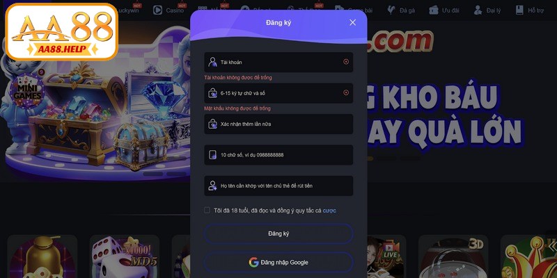 Truy cập AA88 và bấm nút "Đăng ký" để mở biểu mẫu tạo tài khoản