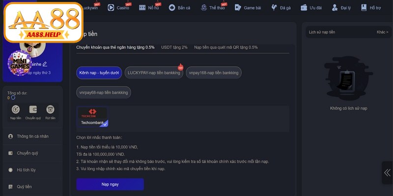 Các phương thức nạp tiền AA88 được dùng nhiều nhất